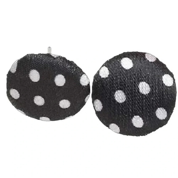 Black & White Polka Dots 21mm Round Satin Dotted Fabric Button Earrings - Picture 1 of 1